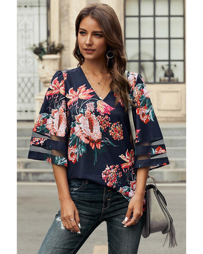 Azura Exchange Flared Sleeve Floral Blouse - L