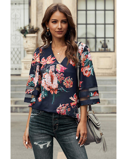 Azura Exchange Flared Sleeve Floral Blouse - M