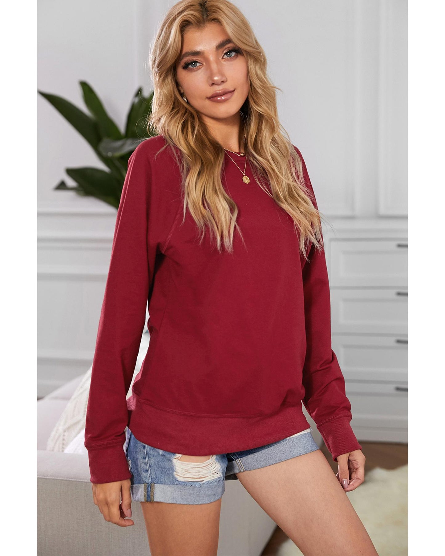 Azura Exchange Solid Crew Neck Pullover Sweatshirt - S