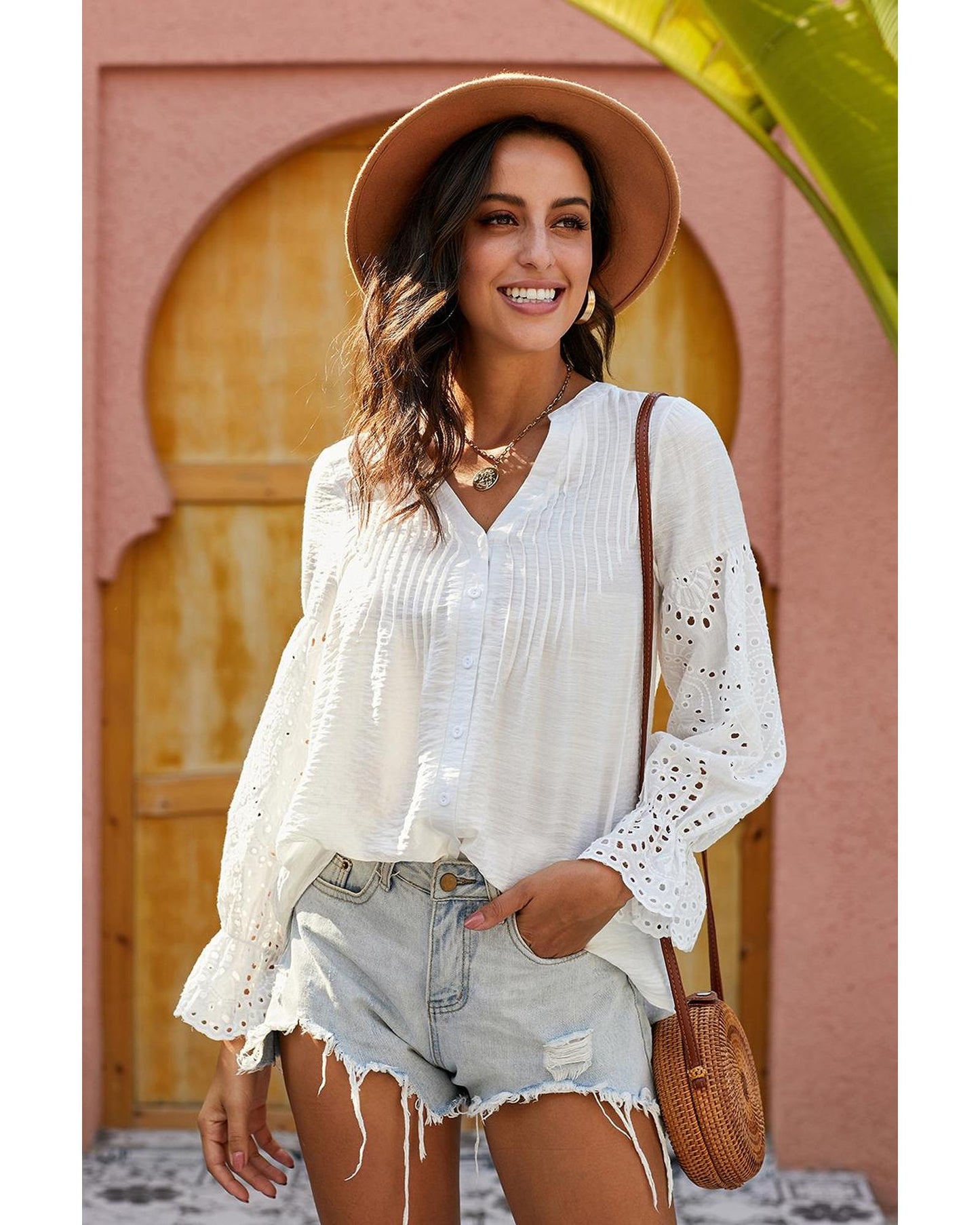 Azura Exchange Eyelet Button Down Top - L