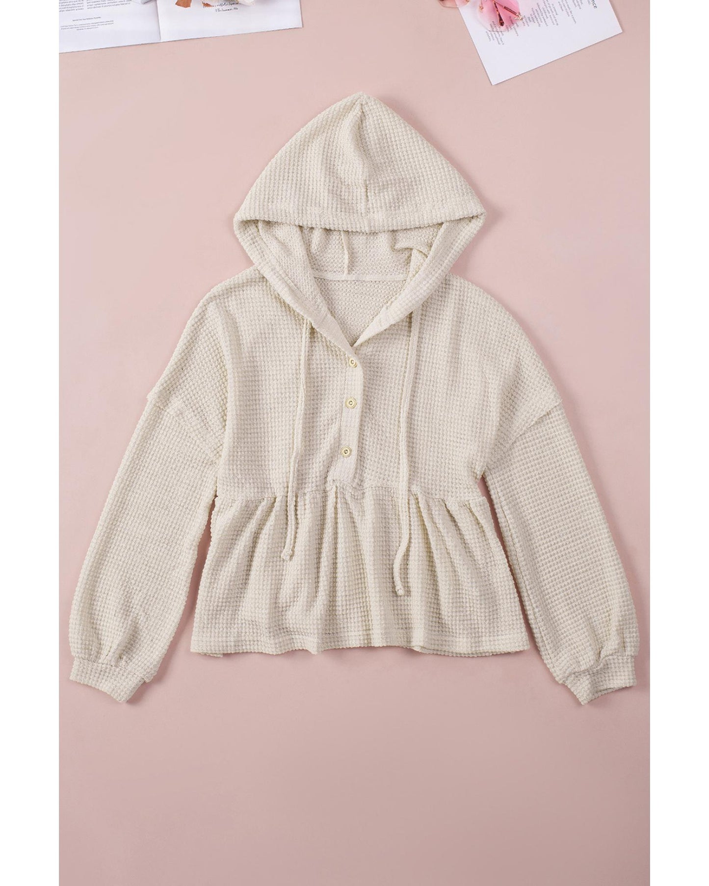 Azura Exchange Waffle Knit Buttons Ruffled Hooded Top - M