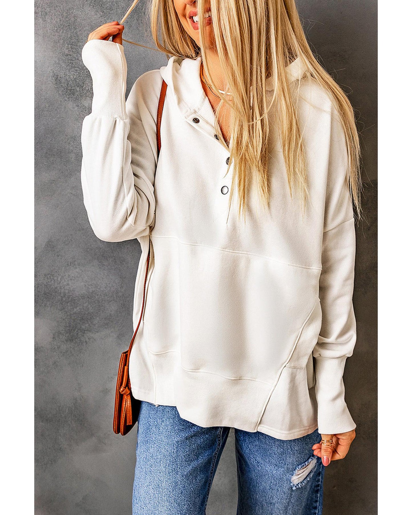 Azura Exchange Batwing Sleeve Henley Hoodie with Pockets - S