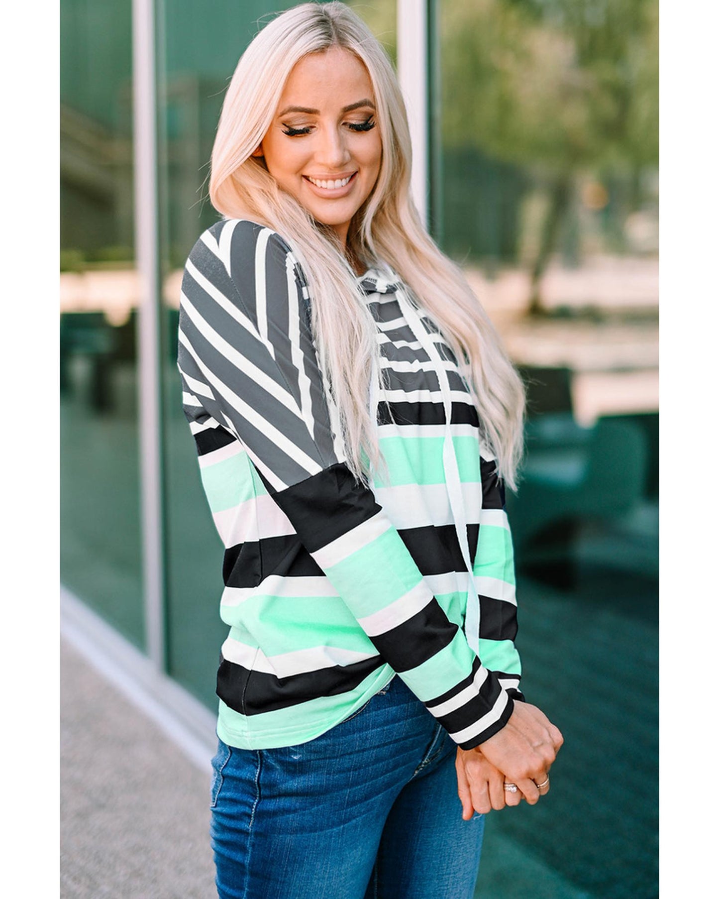 Azura Exchange Striped Drawstring Long Sleeve Hoodie - S