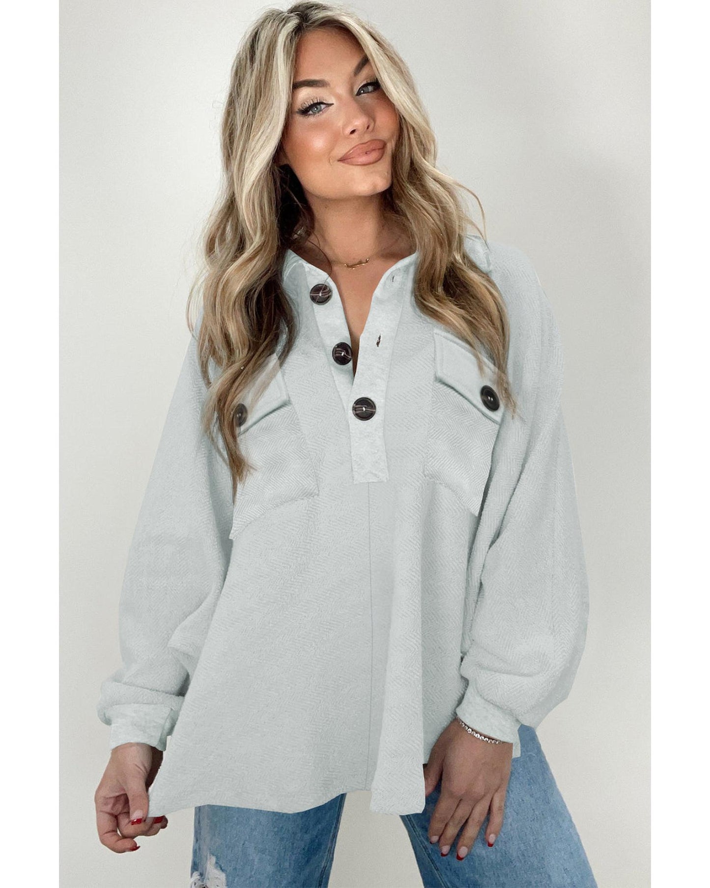 Azura Exchange Oversized Button Collared Sweatshirt - S