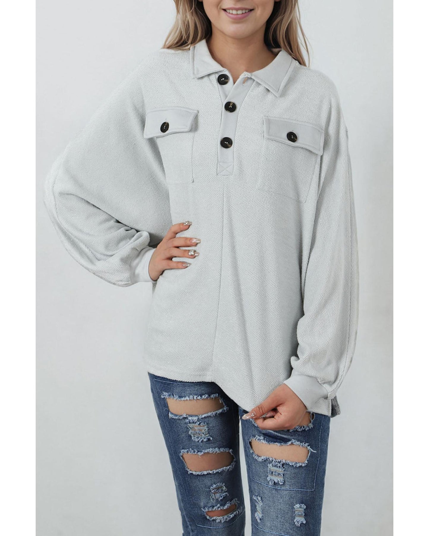 Azura Exchange Oversized Button Collared Sweatshirt - S