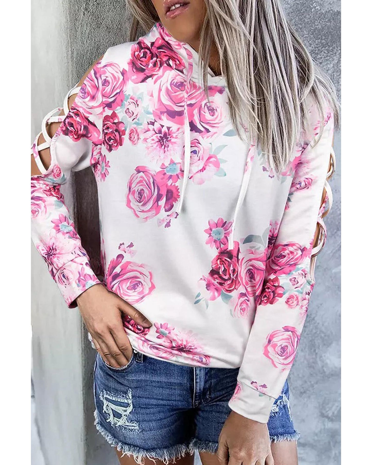 Azura Exchange Floral Print Cold Shoulder Hoodie - L