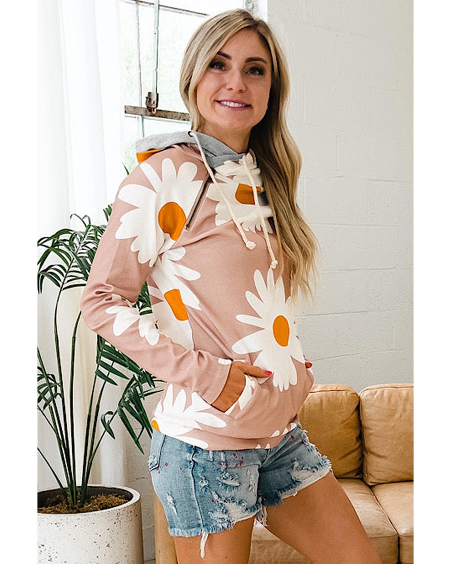 Azura Exchange Daisy Print Doublehood Sweatshirt - M