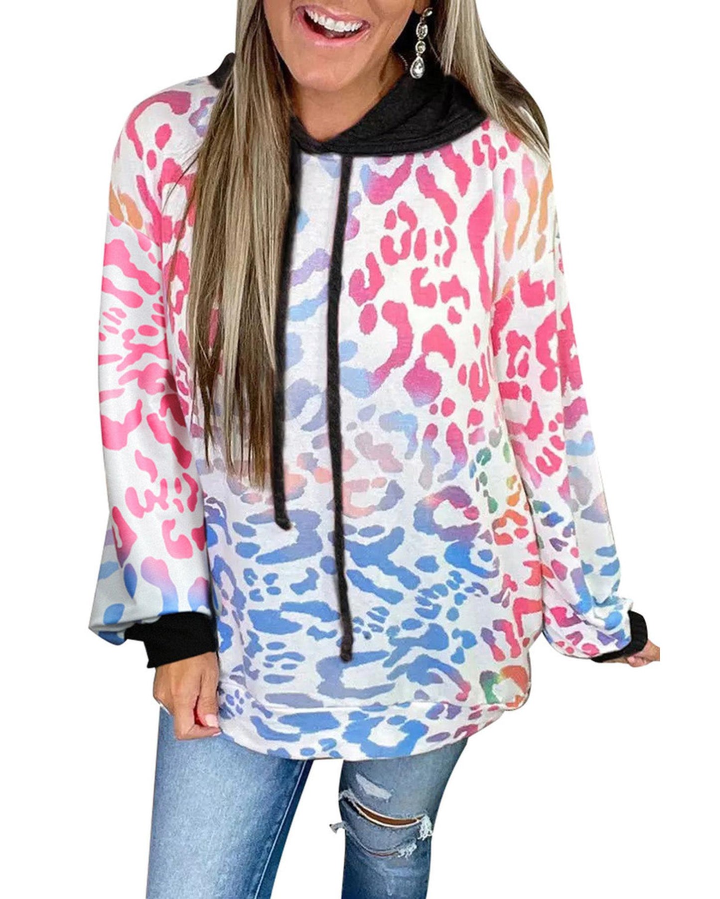 Azura Exchange Leopard Drawstring Hoodie with Colorful Splicing - S