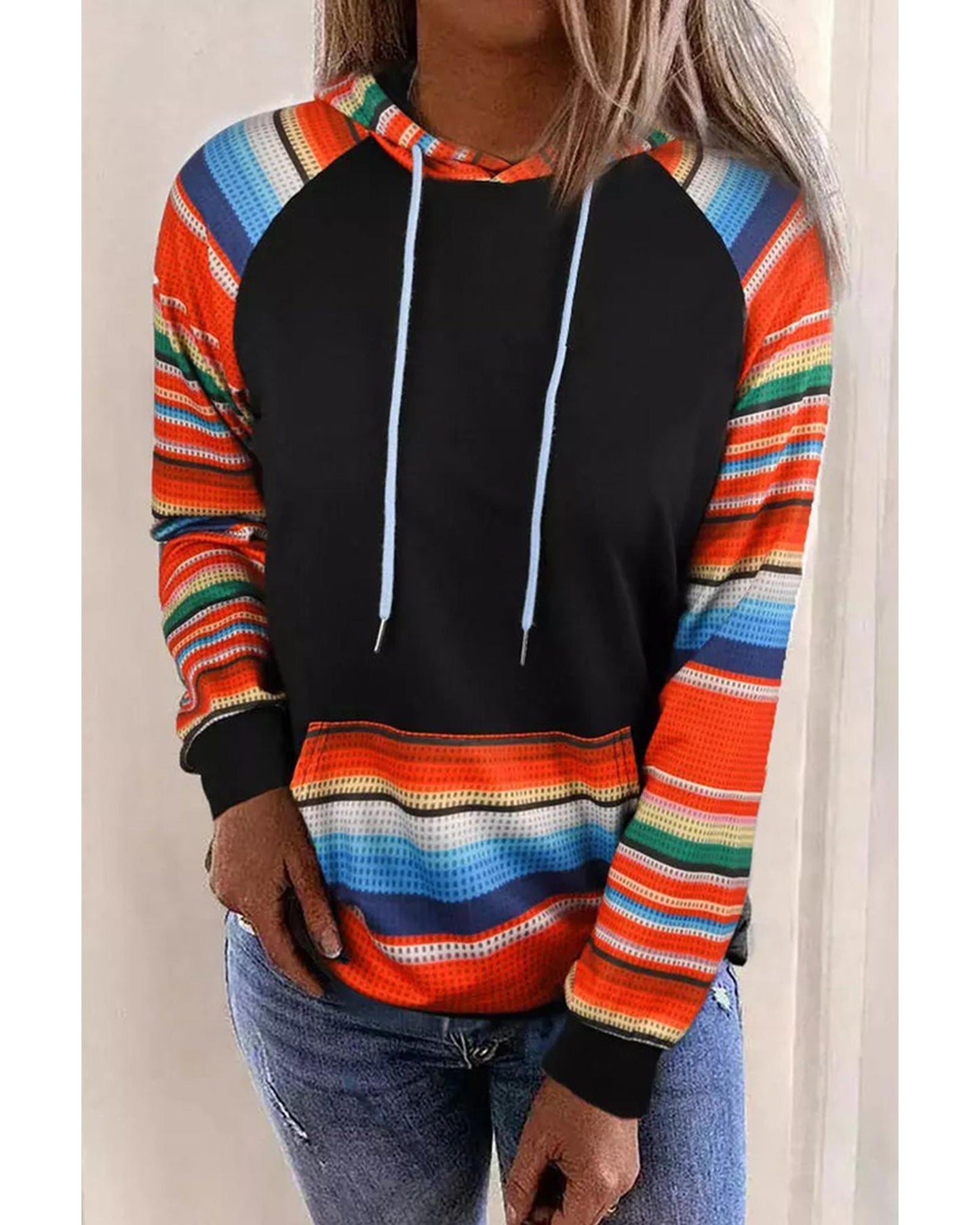 Azura Exchange Striped Patchwork Kangaroo Pocket Hoodie - L