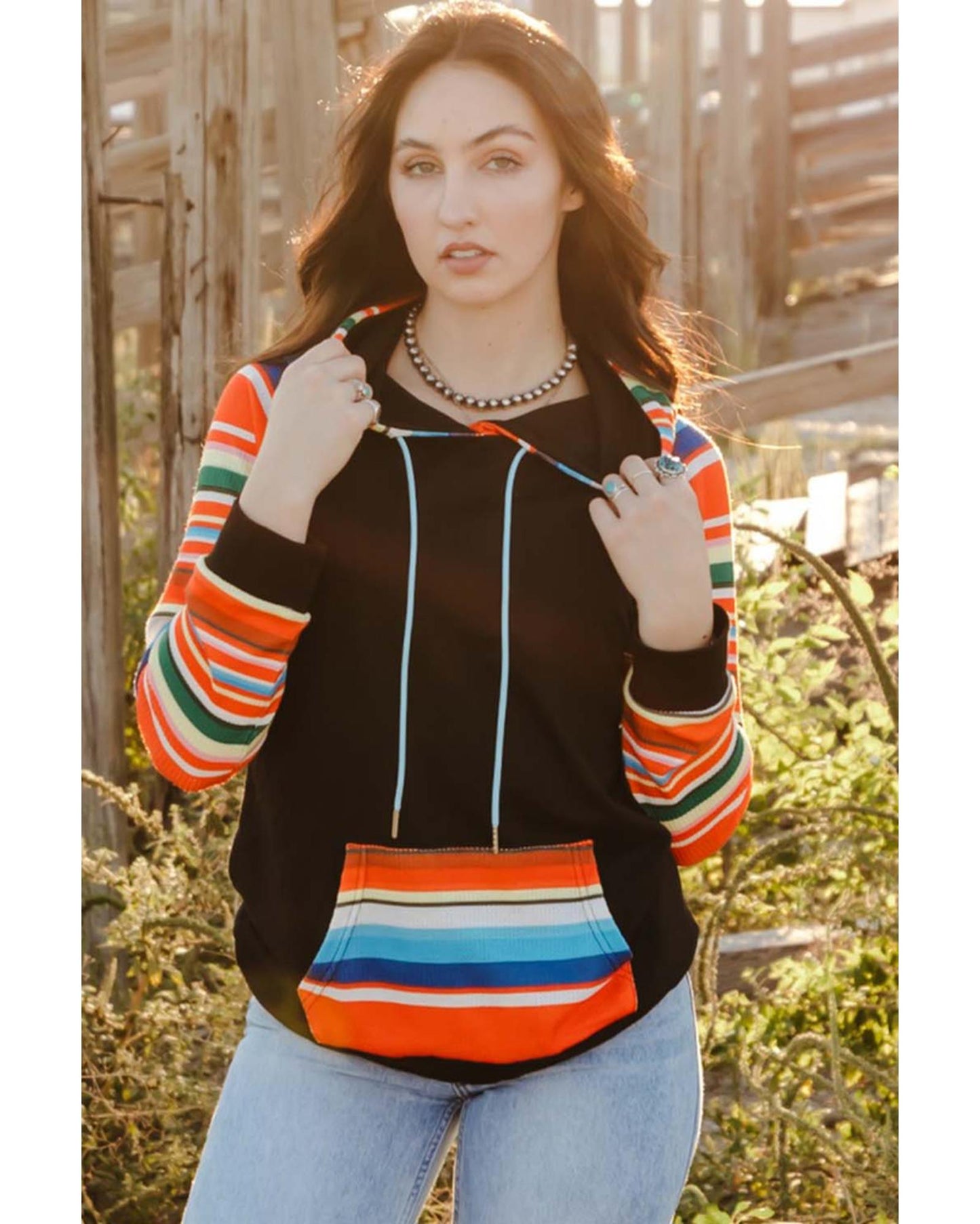 Azura Exchange Striped Patchwork Kangaroo Pocket Hoodie - L