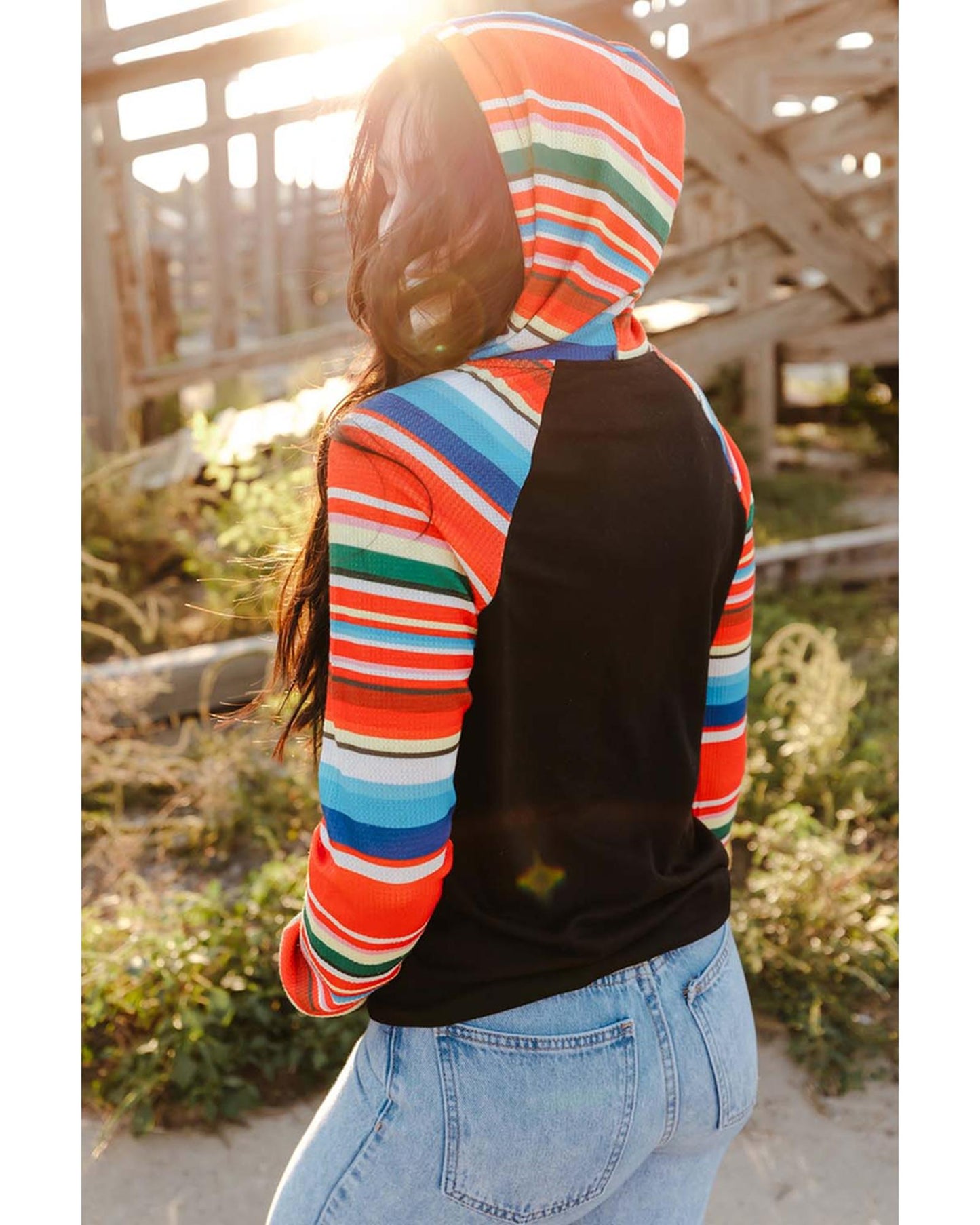 Azura Exchange Striped Patchwork Kangaroo Pocket Hoodie - M