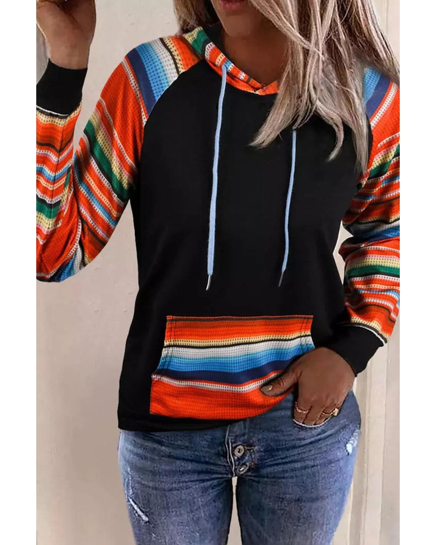 Azura Exchange Striped Patchwork Kangaroo Pocket Hoodie - S