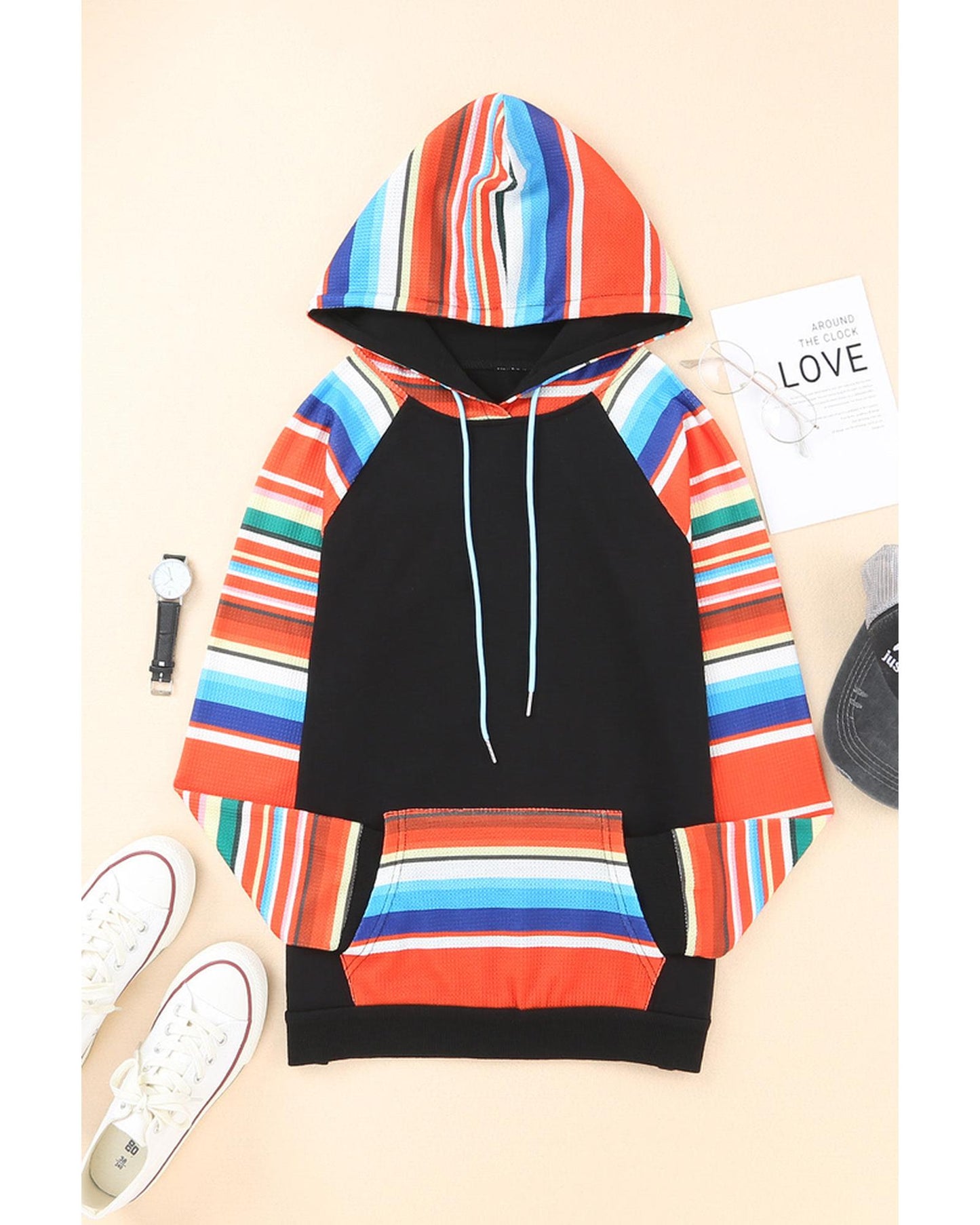 Azura Exchange Striped Patchwork Kangaroo Pocket Hoodie - S