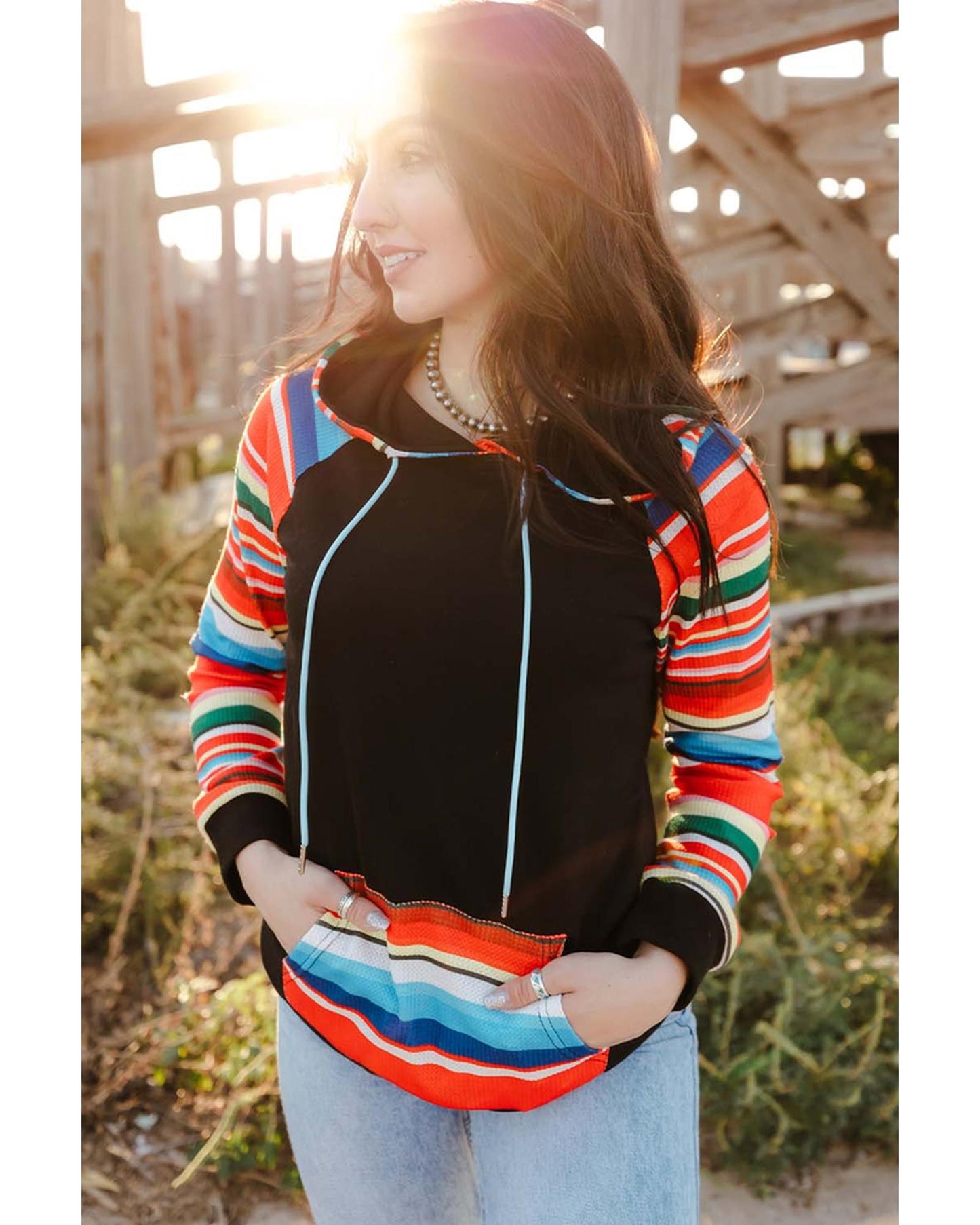 Azura Exchange Striped Patchwork Kangaroo Pocket Hoodie - XL