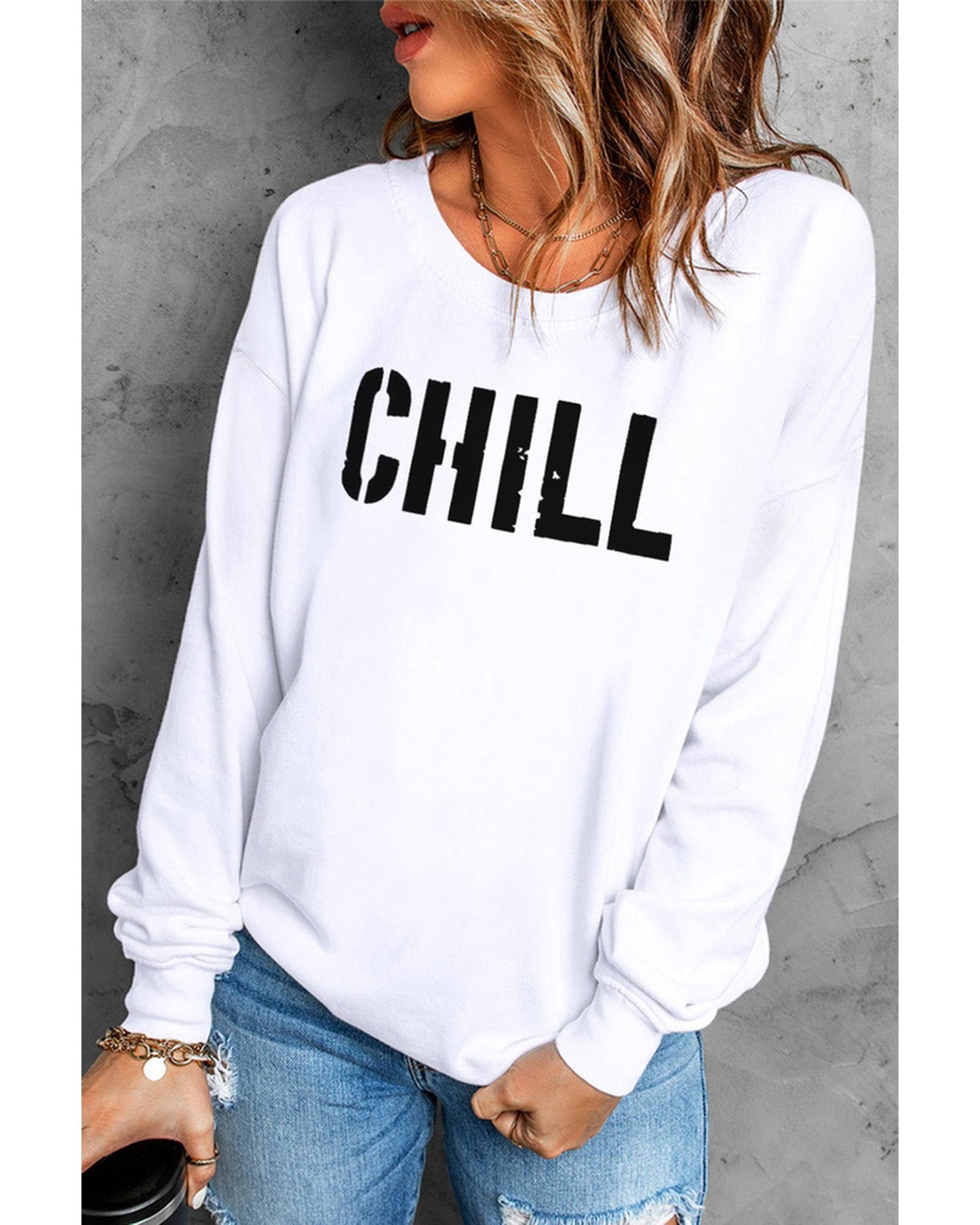 Azura Exchange CHILL Letters Pattern Sweatshirt with Contrast Trim - S