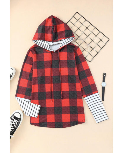 Azura Exchange Plaid Striped Patchwork Drawstring Hoodie - S