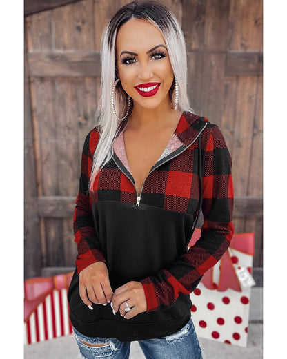 Azura Exchange Buffalo Plaid Zip Pullover Hooded Top - M