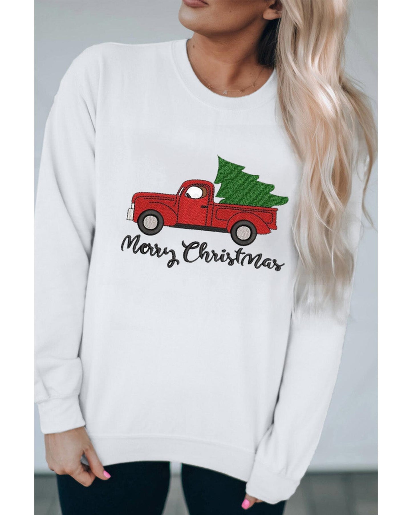 Azura Exchange Embroidered Pullover Sweatshirt with Merry Christmas Truck Pattern - L