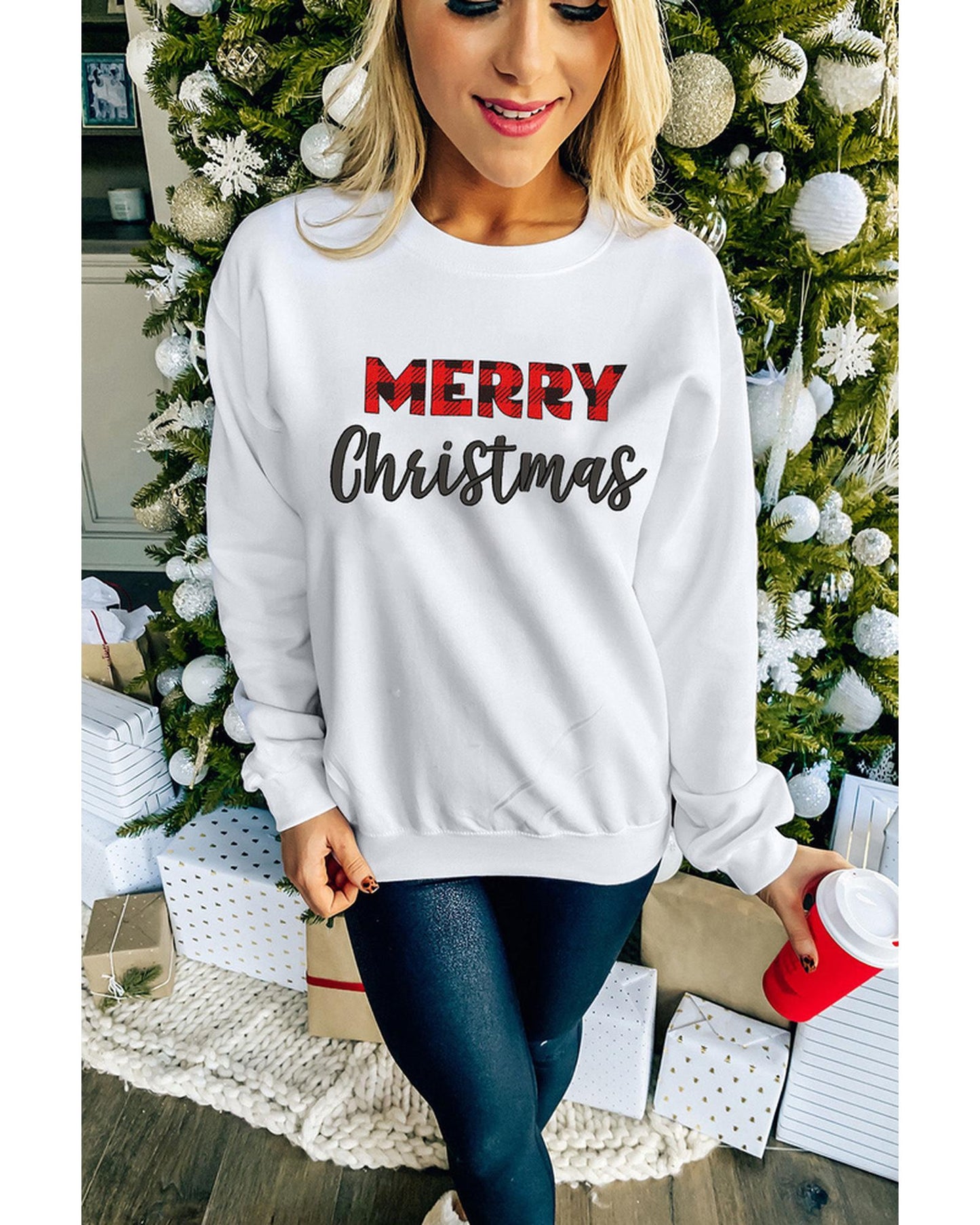 Azura Exchange MERRY Christmas Plaid Print Pullover Sweatshirt - L