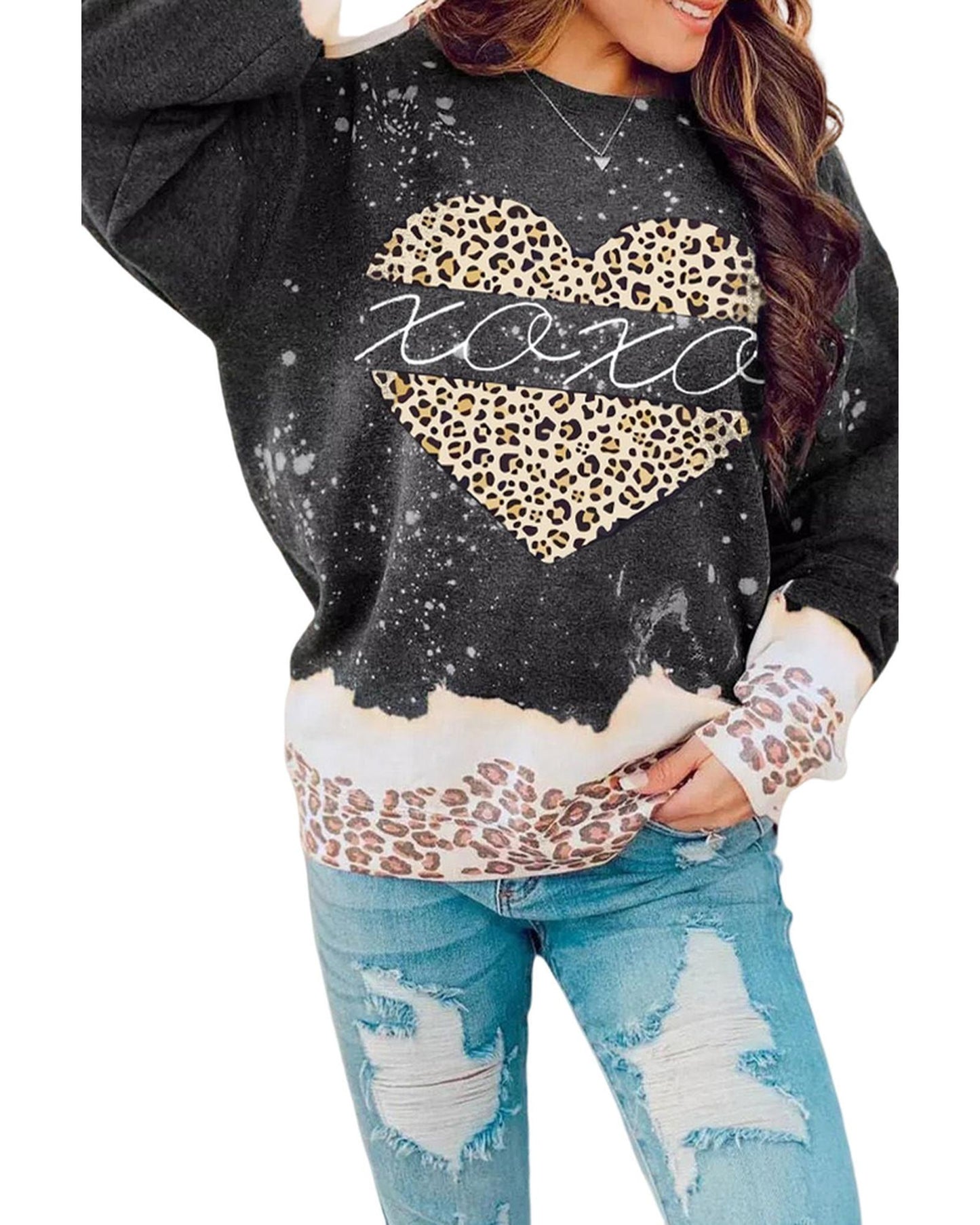 Azura Exchange Heart Leopard Splicing Pullover Sweatshirt - M