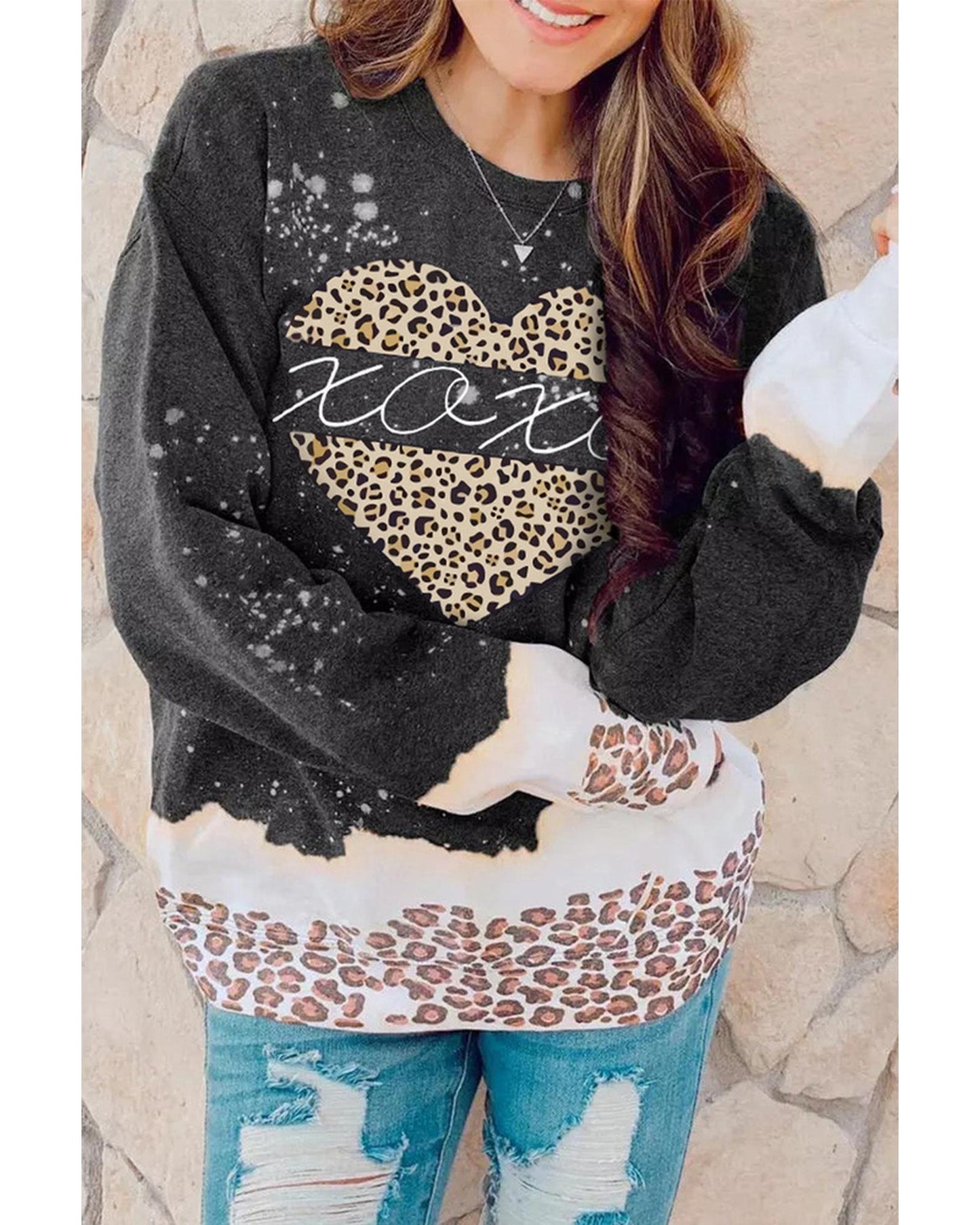 Azura Exchange Heart Leopard Splicing Pullover Sweatshirt - S