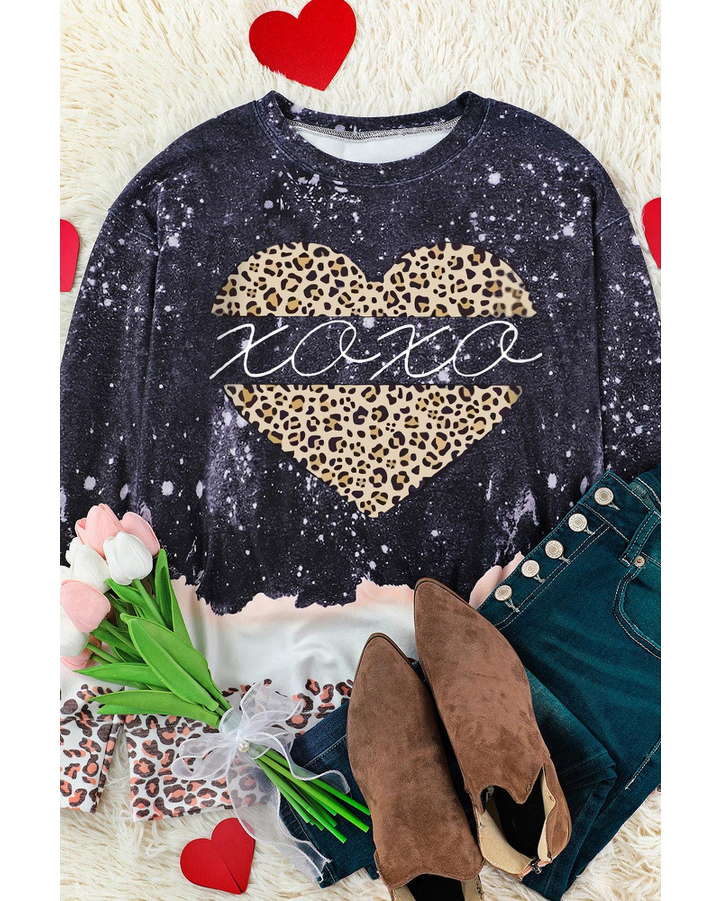 Azura Exchange Heart Leopard Splicing Pullover Sweatshirt - S