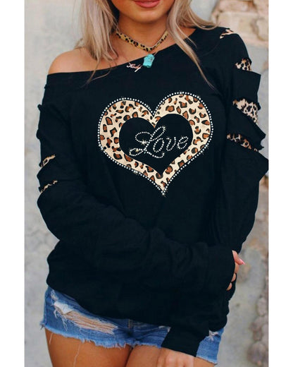 Azura Exchange Leopard Rhinestone Heart Graphic Sweatshirt - L