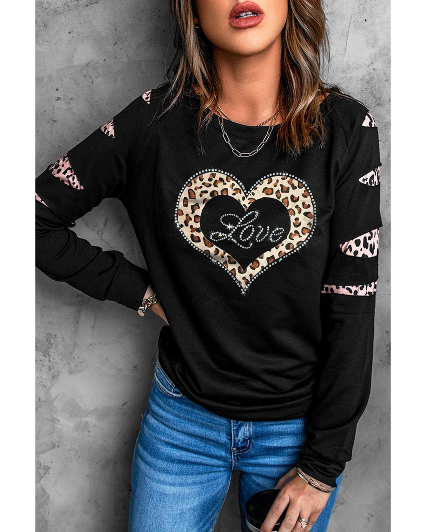 Azura Exchange Leopard Rhinestone Heart Graphic Sweatshirt - L