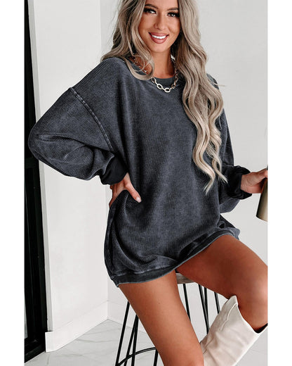 Azura Exchange Gray Ribbed Knit Round Neck Pullover Sweatshirt - L