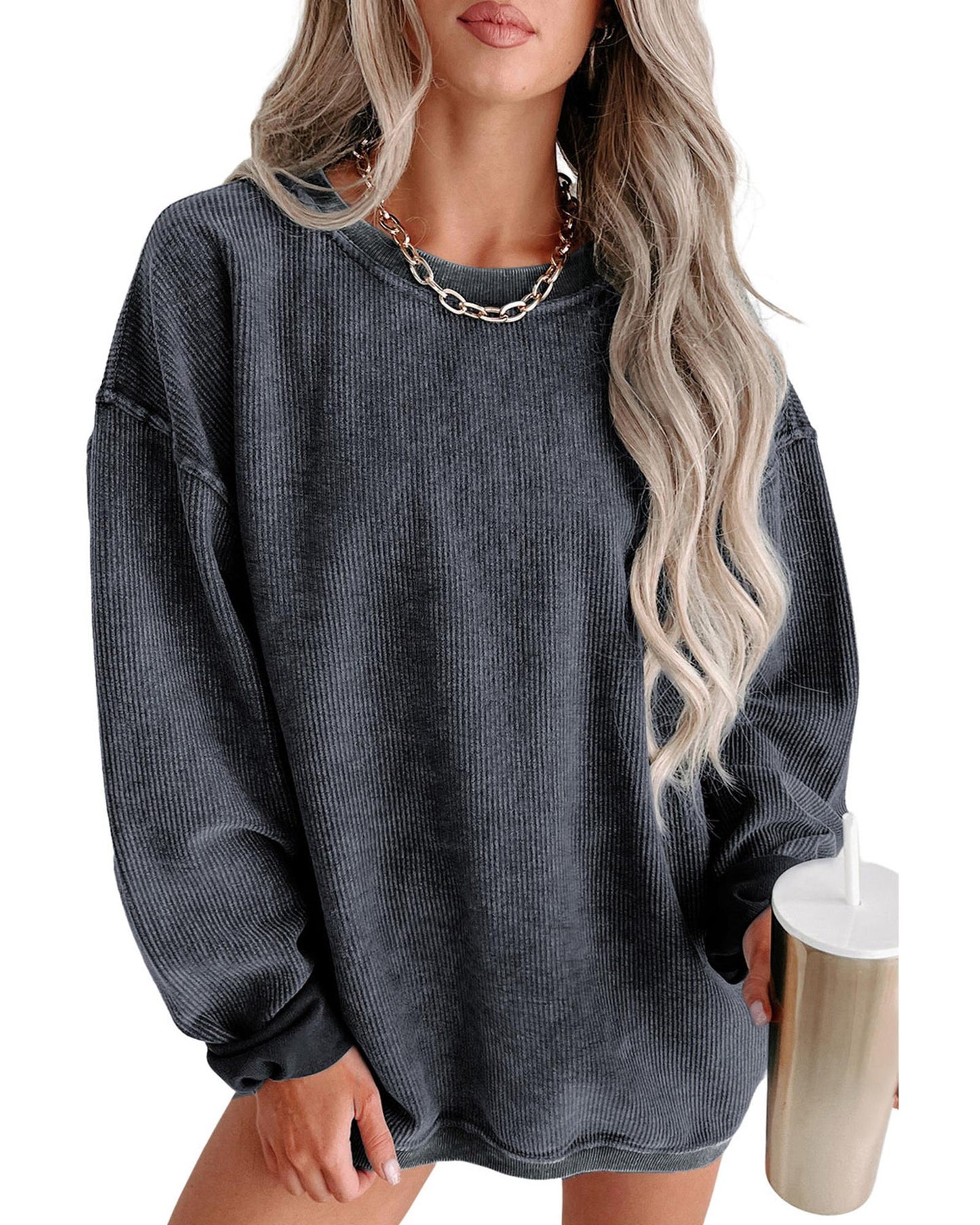 Azura Exchange Gray Ribbed Knit Round Neck Pullover Sweatshirt - L