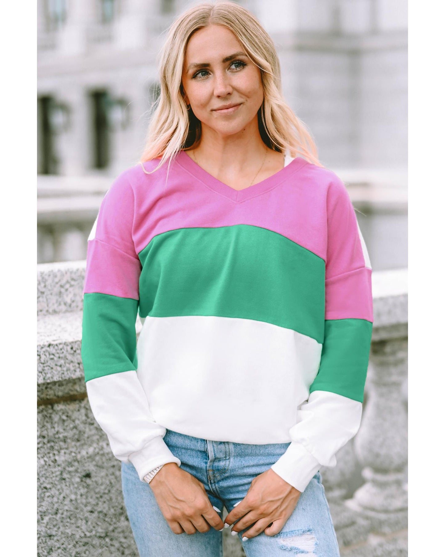 Azura Exchange Color Block Ribbed V-Neck Sweatshirt - L