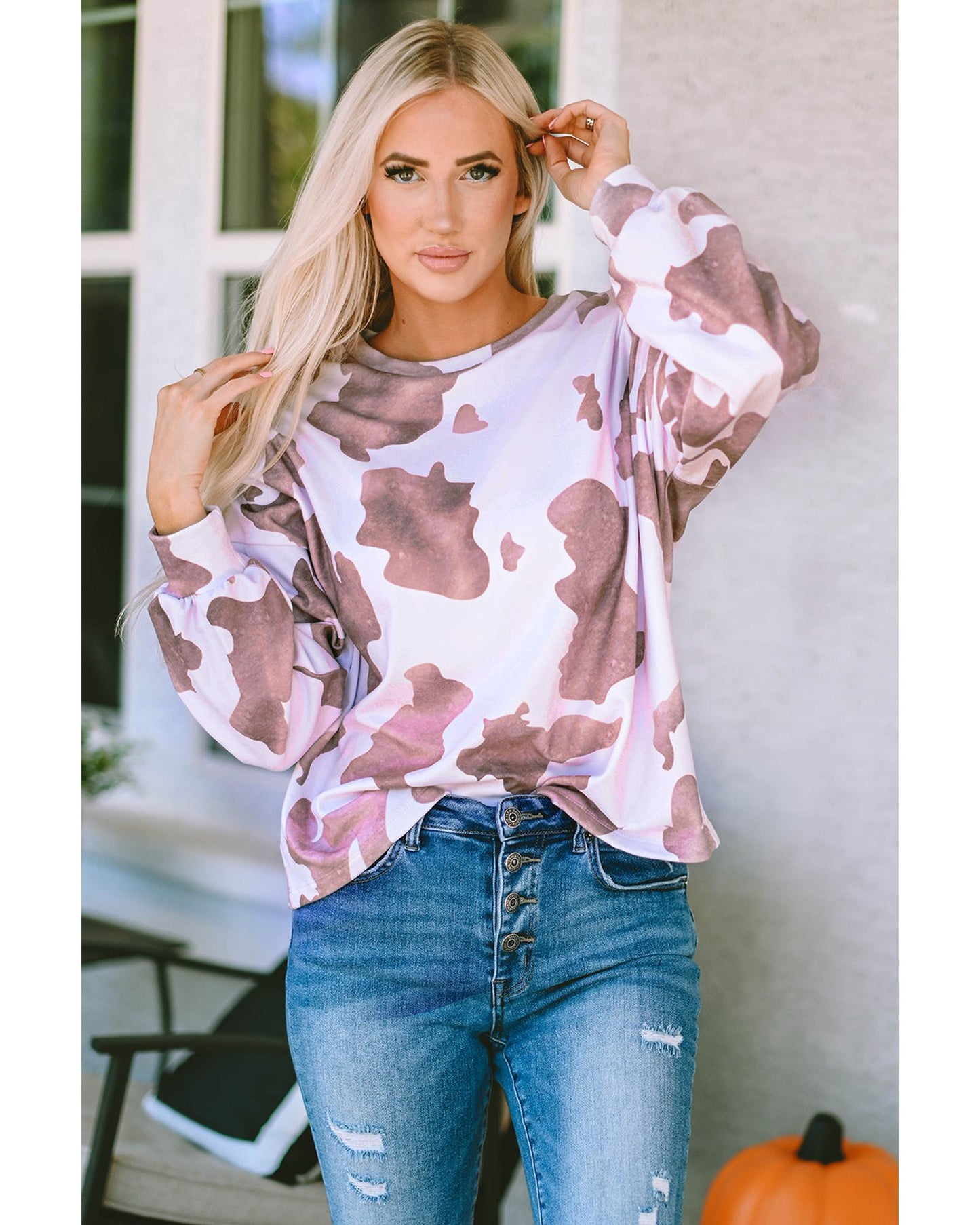 Azura Exchange Cow Spots Print Puff Sleeve Sweatshirt - XL