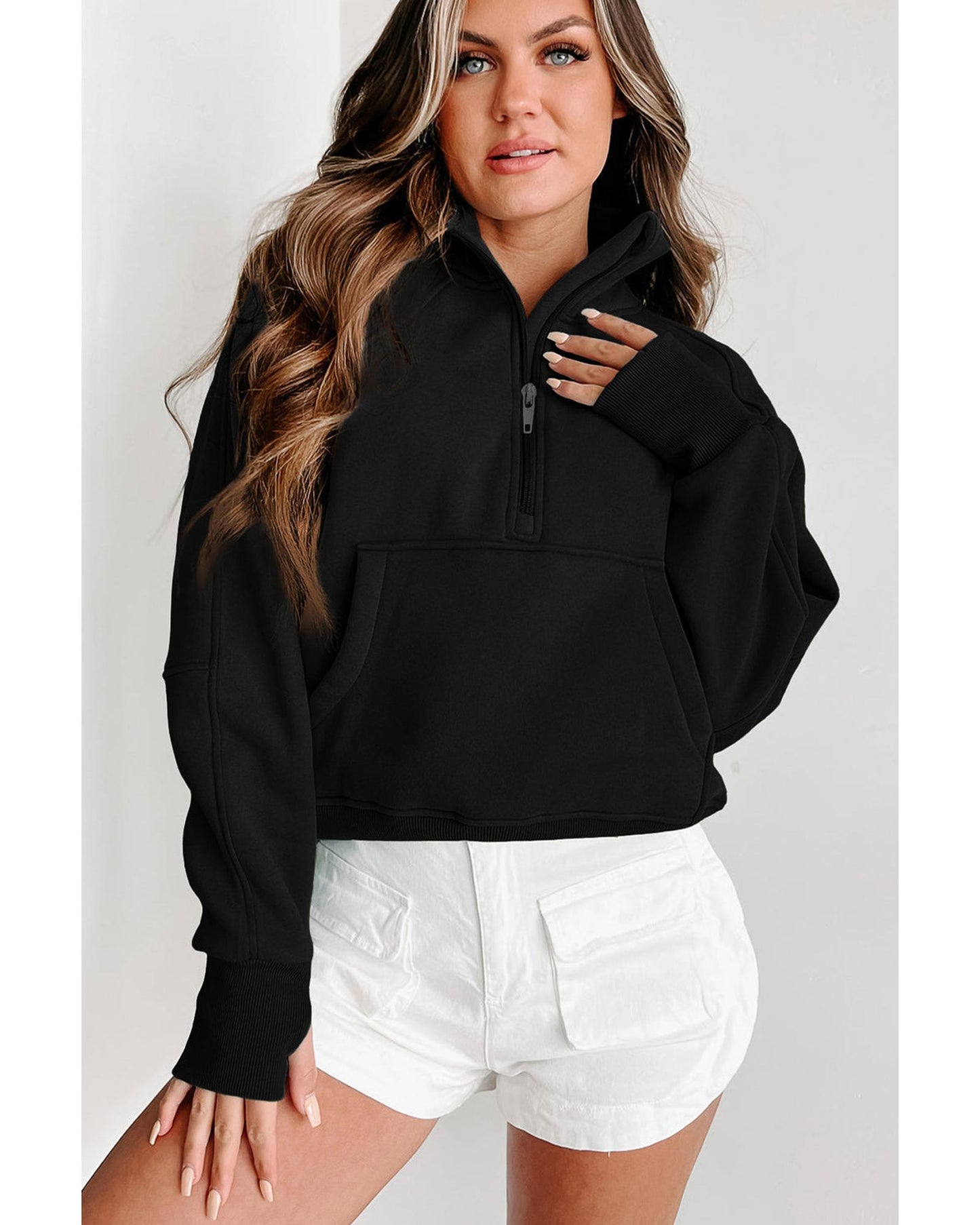 Azura Exchange Black Ribbed Thumbhole Sleeve Sweatshirt - XL