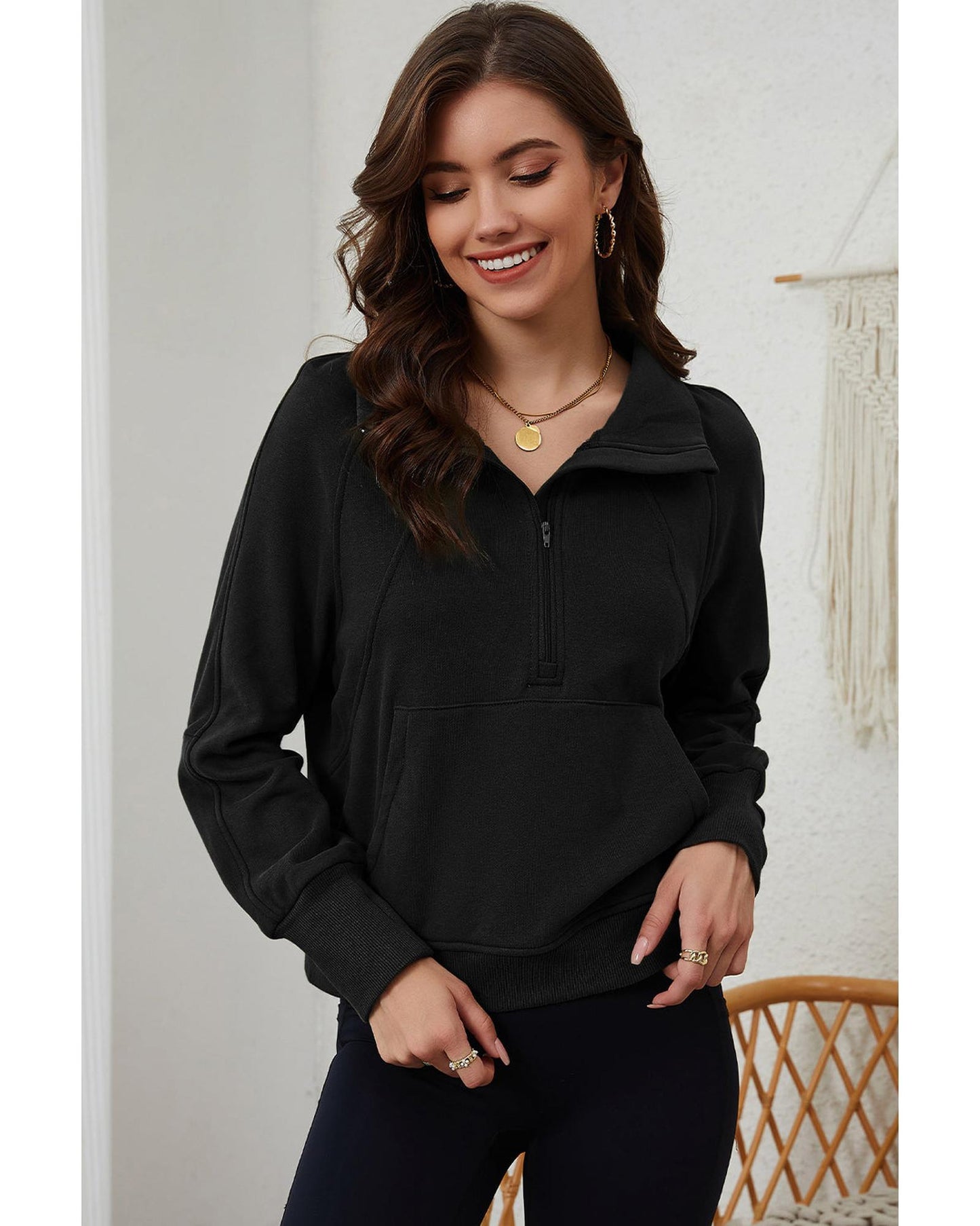 Azura Exchange Black Ribbed Thumbhole Sleeve Sweatshirt - XL