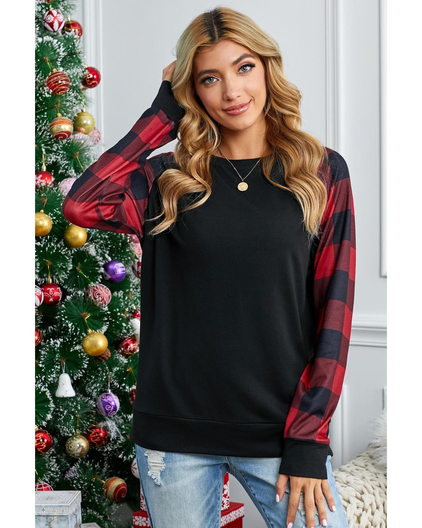 Azura Exchange Plaid Long Sleeve Sweatshirt - S