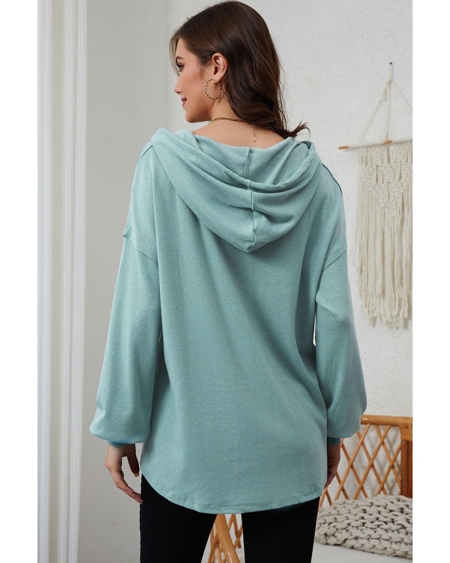 Azura Exchange High and Low Hem Hoodie with Buttoned Detail - L