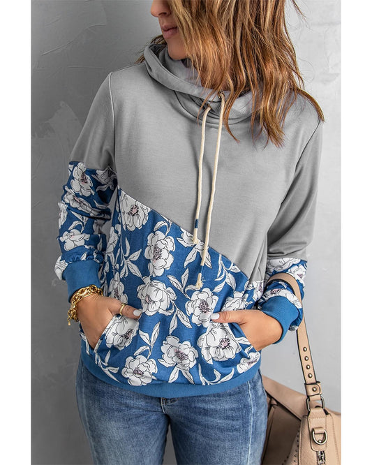 Azura Exchange Floral Splicing Cowl Neck Hoodie - M