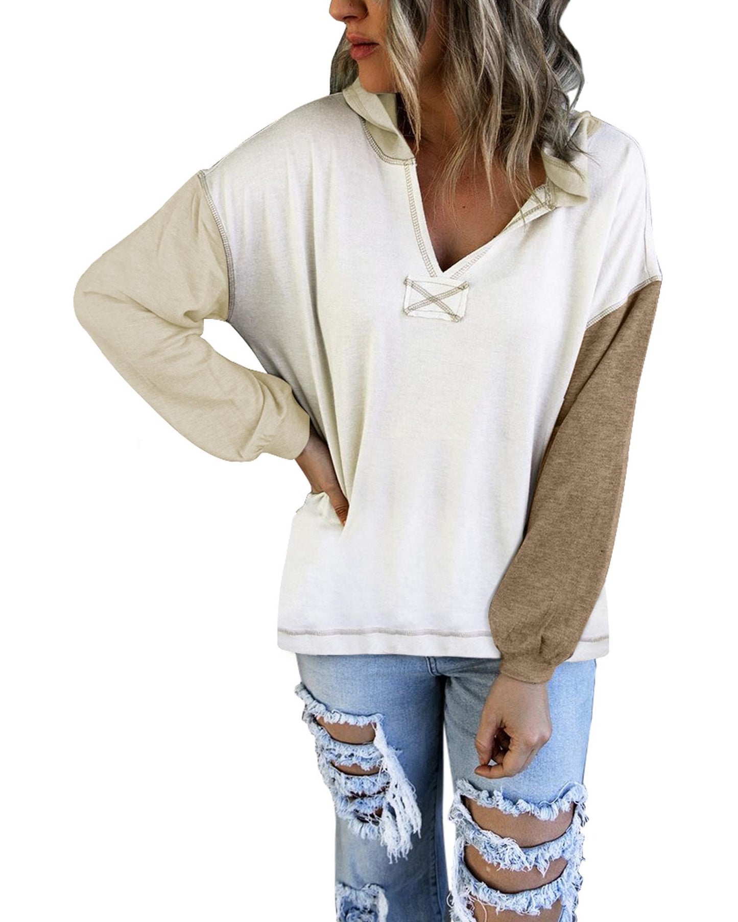 Azura Exchange Colorblock V Neck Long Sleeve Hoodie - L