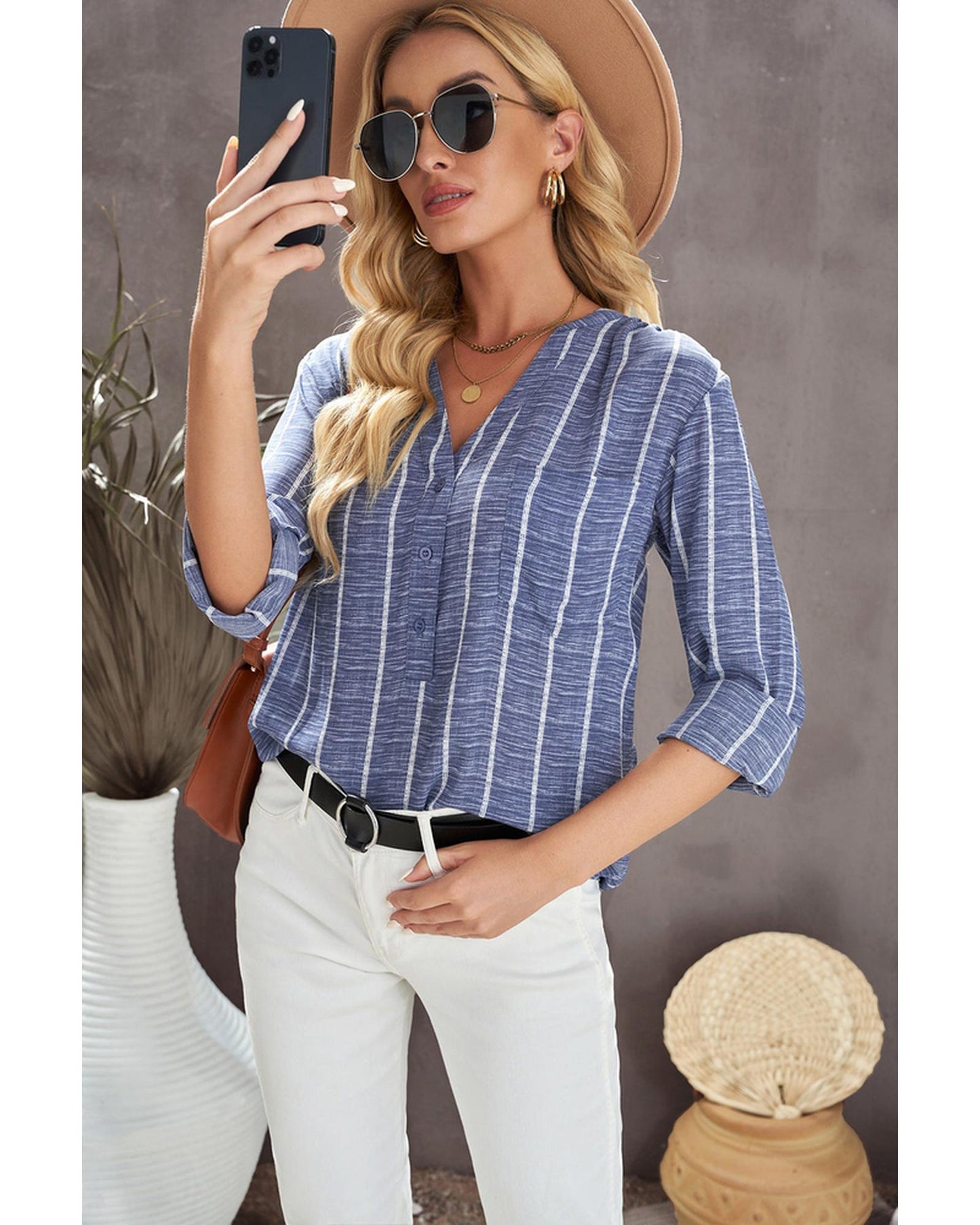 Azura Exchange Striped V Neck Pocket Long Sleeve Top - 2XL