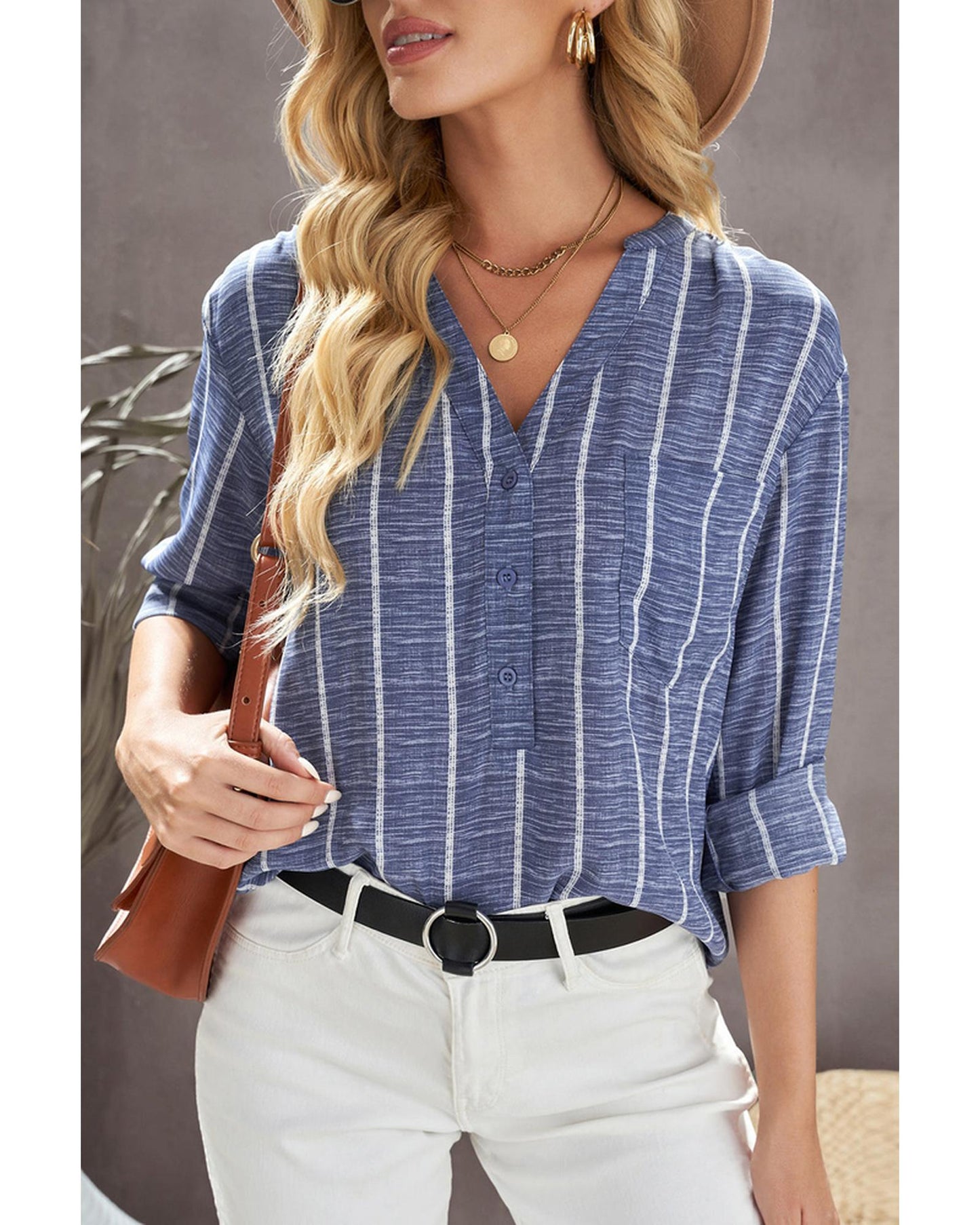 Azura Exchange Striped V Neck Pocket Long Sleeve Top - M