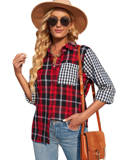 Azura Exchange Plaid Splicing Hit Color Pockets Long Sleeve Shirt - M