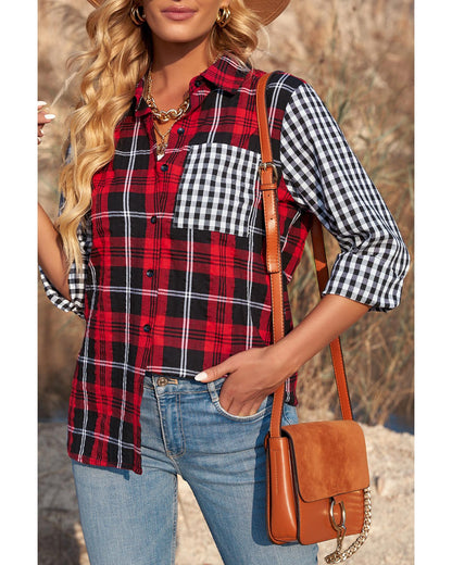 Azura Exchange Plaid Splicing Hit Color Pockets Long Sleeve Shirt - S