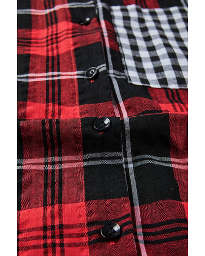 Azura Exchange Plaid Splicing Hit Color Pockets Long Sleeve Shirt - S