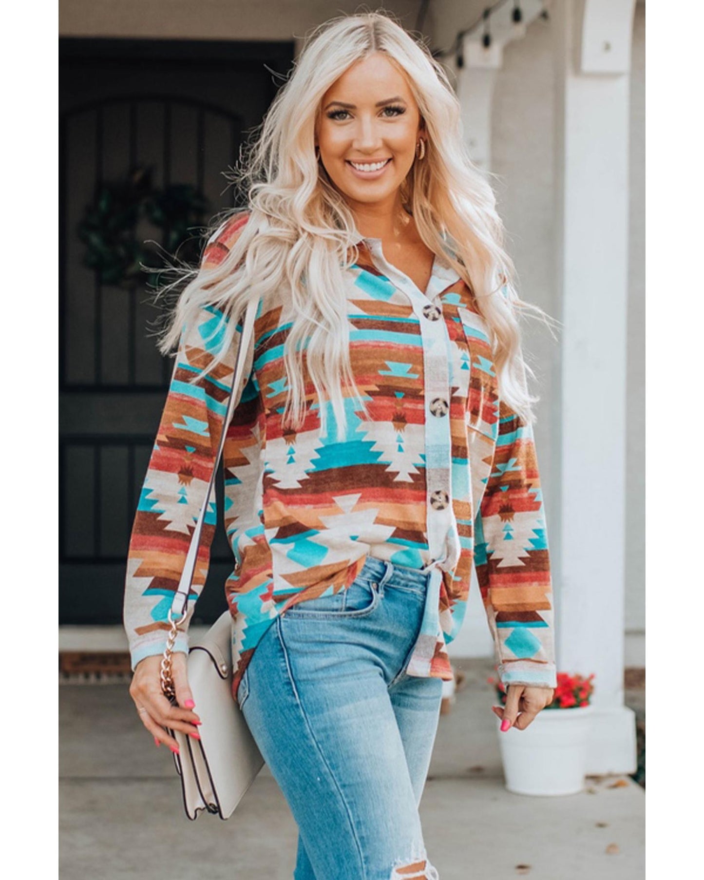 Azura Exchange Multicolor Aztec Print Long Sleeve Shirt - S