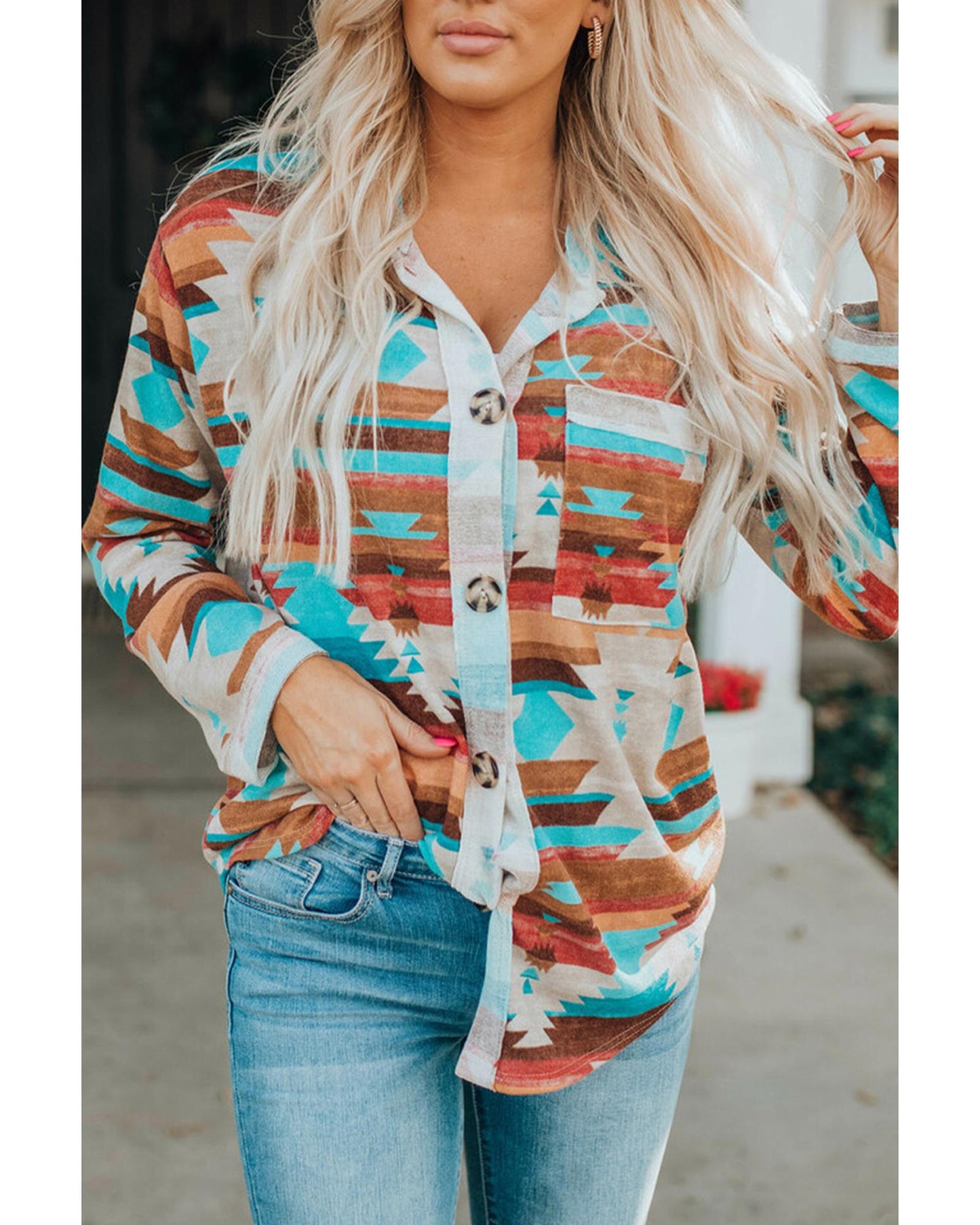 Azura Exchange Multicolor Aztec Print Long Sleeve Shirt - S