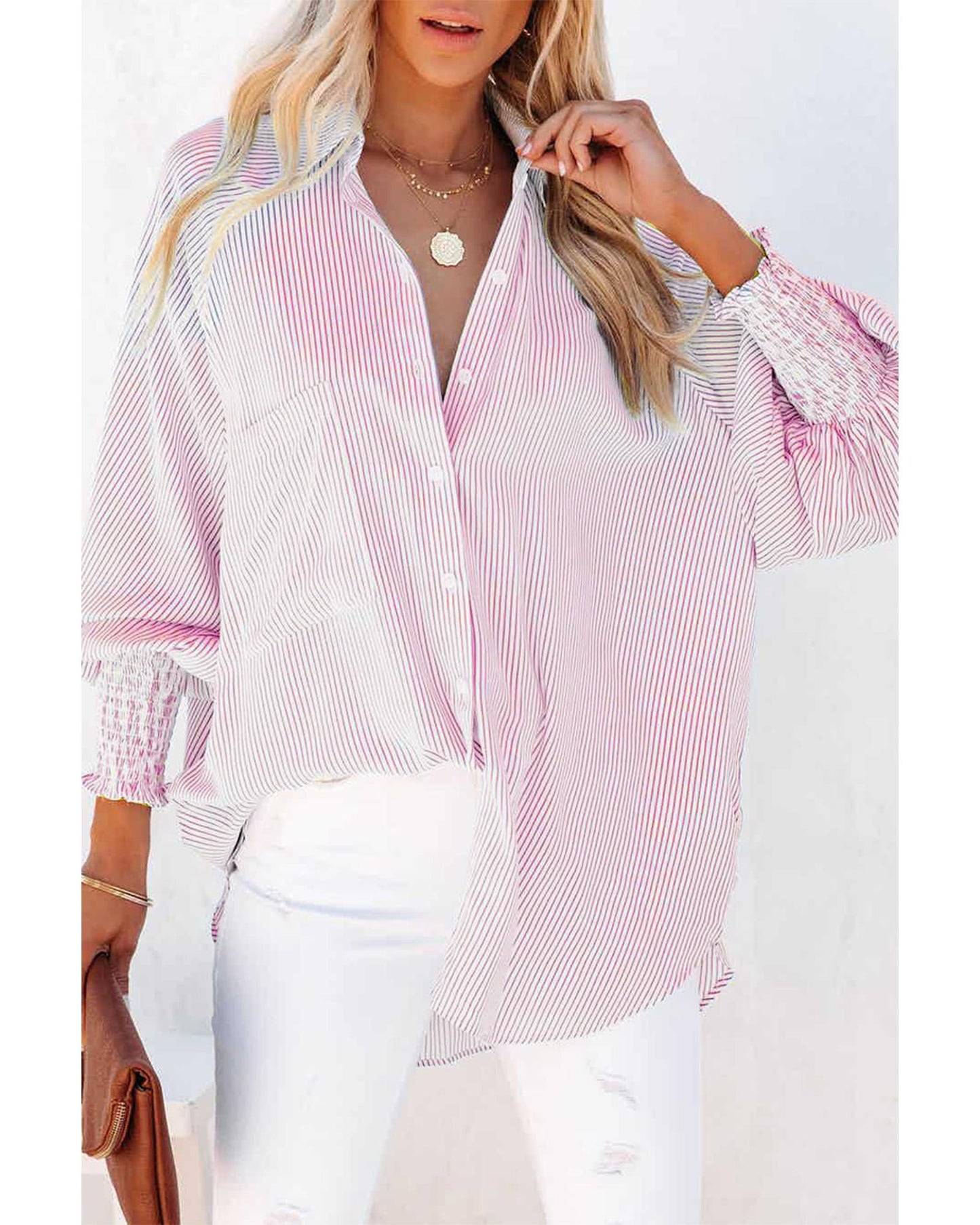 Azura Exchange Striped Boyfriend Shirt with Pocket - L