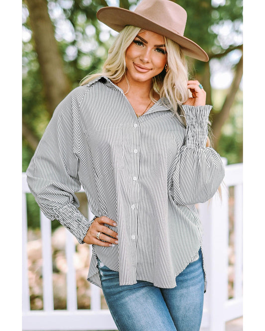 Azura Exchange Striped Boyfriend Shirt with Smocked Cuffs and Pocket - L