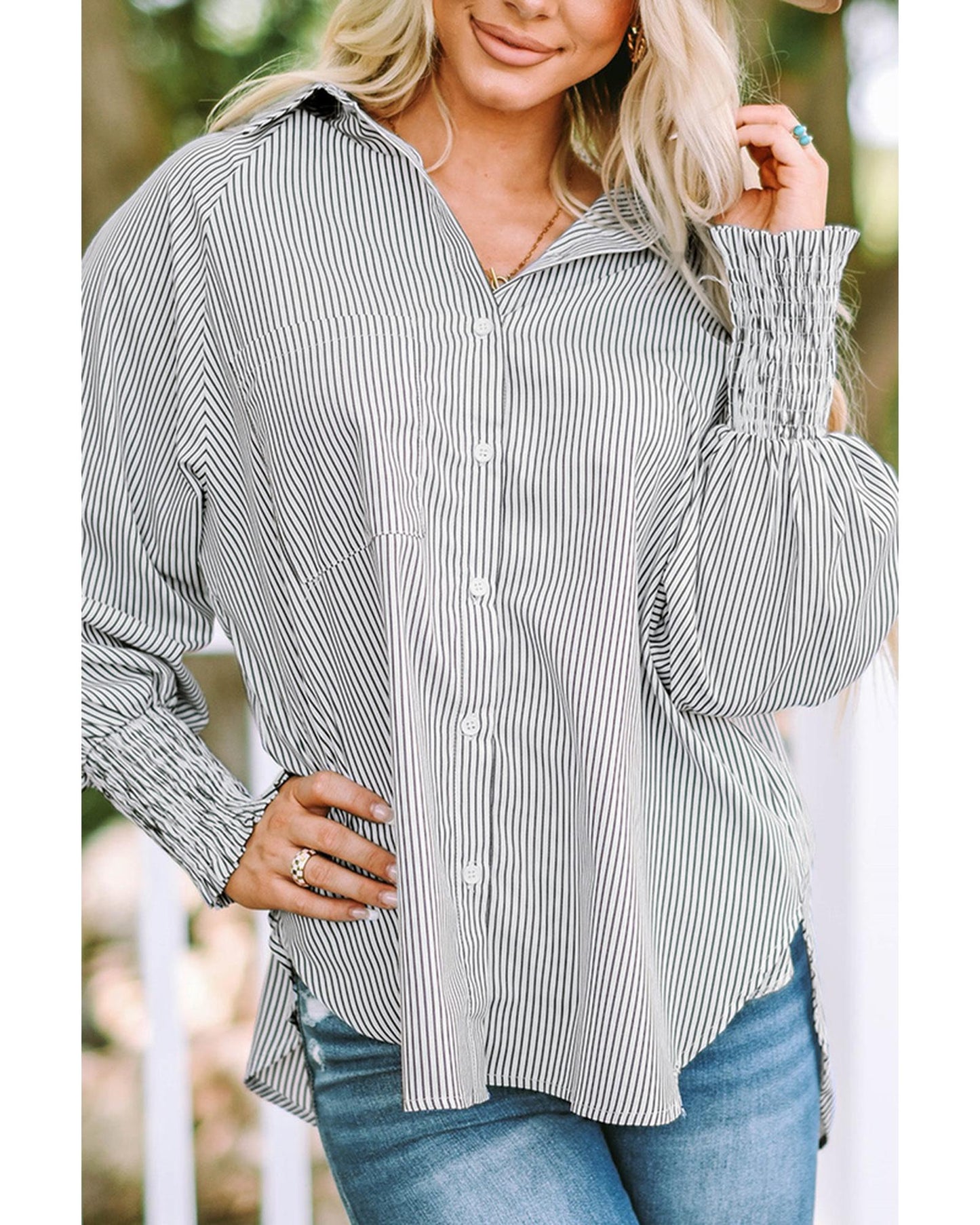 Azura Exchange Striped Boyfriend Shirt with Smocked Cuffs and Pocket - L