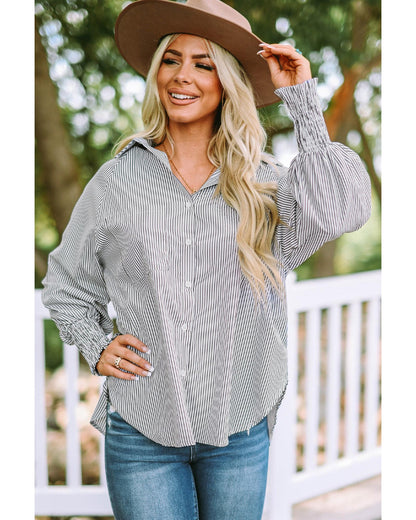 Azura Exchange Striped Boyfriend Shirt with Smocked Cuffs and Pocket - M