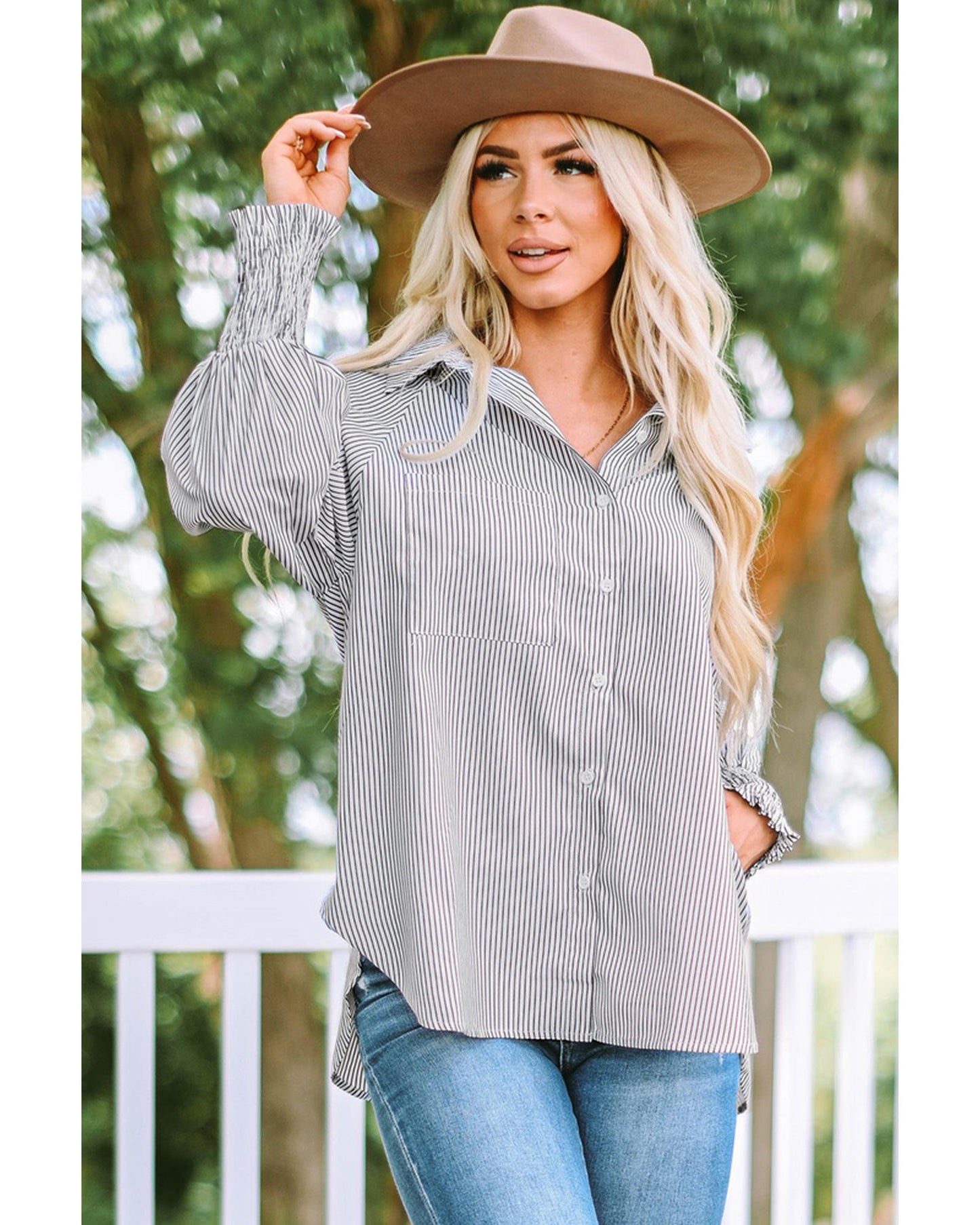 Azura Exchange Striped Boyfriend Shirt with Smocked Cuffs and Pocket - S